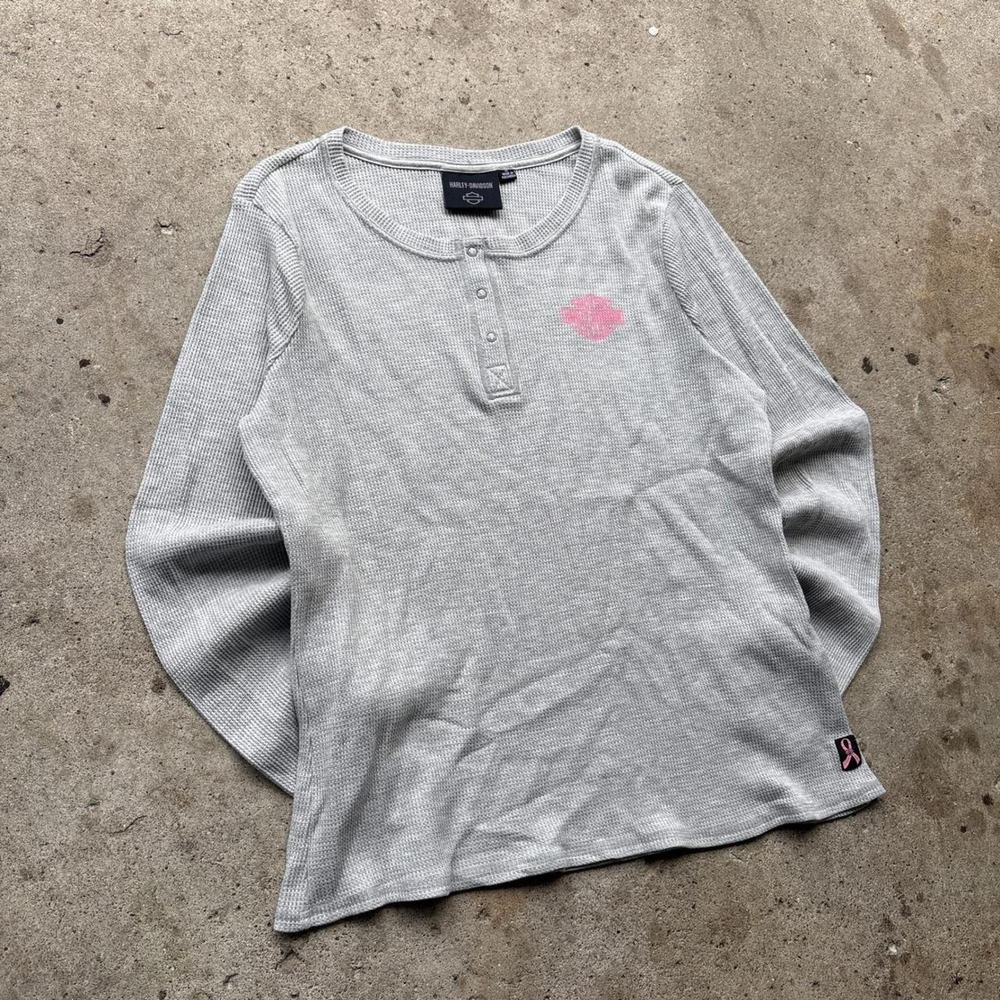 Harley Davidson Womens XL Grey Waffle Knit Henley Shirt Breast Cancer Awareness